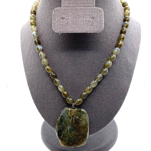 Natural Labradorite Beaded Necklace Faceted Pendant 16" +1.5” 925 Silver - Picture 1 of 9